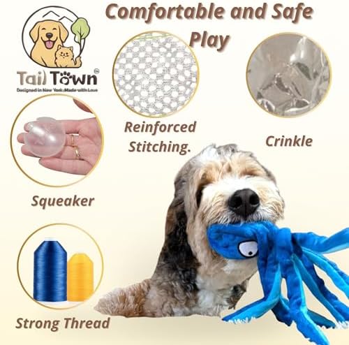 Octopus Dog Toy, No Stuffing Plush Squeaky Crinkle Toy to Keep Dogs Busy, Interactive Chew Toy for Puppies Small Medium Large Dogs, Blue, Tail Town