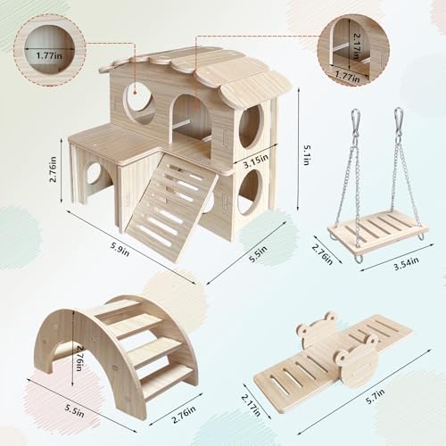 LOS ANDES Hamster Maze Double-Decker Wood House, Seesaw Toy, Bridge and Swing for Dwarf Gerbil Mouse Mice Rat Small Animals(Only for Small Hamsters)