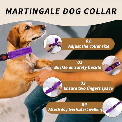 No Pull Martingale Dog Collar for Large Medium Small Dogs, Heavy Duty Nylon Reflective Adjustable Anti Pull Slip Collar with Buckle for Training Walking S Purple
