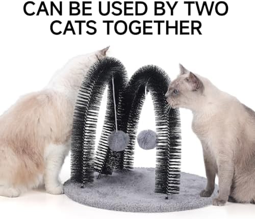 Cat Arch Self Groomer Massager, Kitty Grooming Brush with 2 Brushes and Heavy Plush Base, Cat Face and Back Scratchers, Rubbing Post for Indoor and Outdoor Cats with 2 Plush Balls