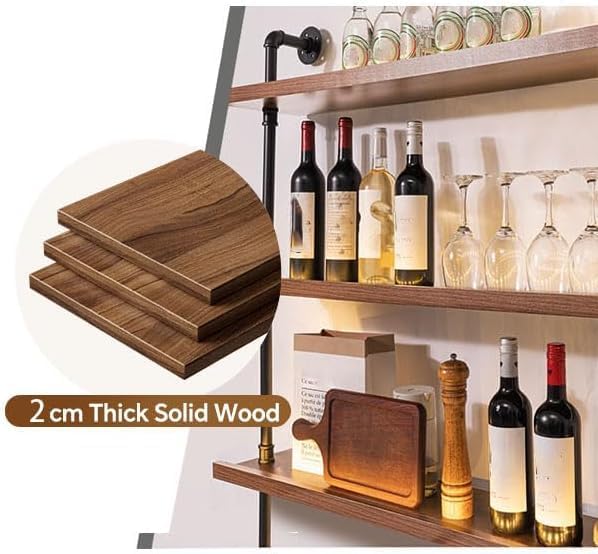 62.9in Wall Mounted Wine Rack with LED Light Solid Wood | 3-Tiers Liquor Bottles Floating Shelves Display Storage Organizer for Home Bar & Dining Room