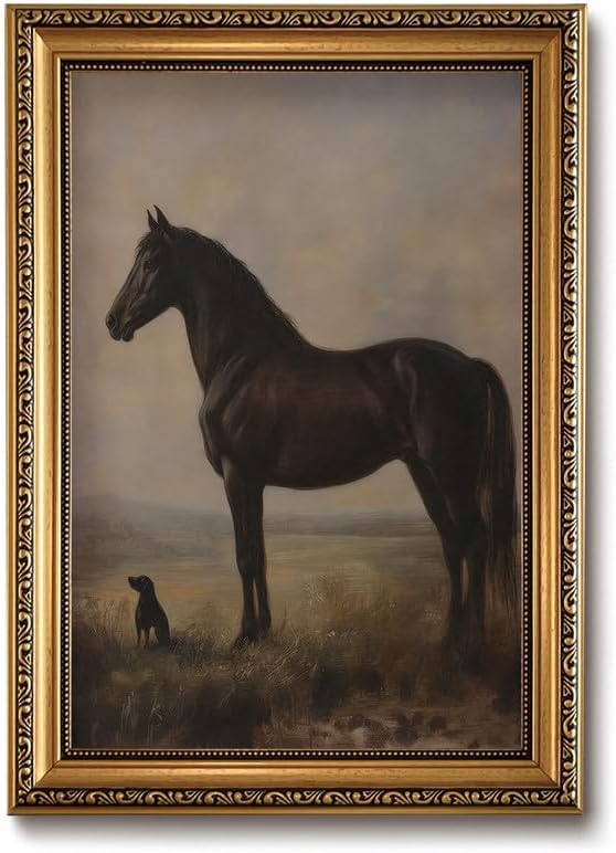 Vintage Equestrian Gold Framed Wall Art Black Horse Gundog Wall Decor Art | Antique Victorian Animal Picture Canvas Art Western Country Paintings Framed Prints Artwork for Living Room Bedroom Gallery