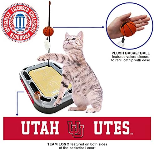 CATS SCRATCHER NCAA Utah Utes Basketball Court CAT Scratcher Toy with Catnip Filled Plush Basketball Toy & Feather Cat Toy Hanging, with Jingle Bell Interactive Ball Cat Chasing 5-in-1 Kitty Toy