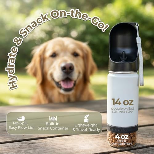 Mon Chateau 14oz Portable Dog Water Bottle with 4 oz Snack Storage, Double Walled Stainless Steel Body, Leak-Proof, Dishwasher Safe Pet Travel Bottle for Dogs, Cats & Outdoor Use, Mint Green