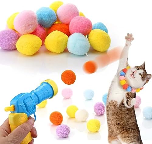 Aiersa Cat Toy Ball Launcher, Plush Ball Shooting Gun with 20 Pom Pom Balls, Interactive Indoor Cat Fetch Toy
