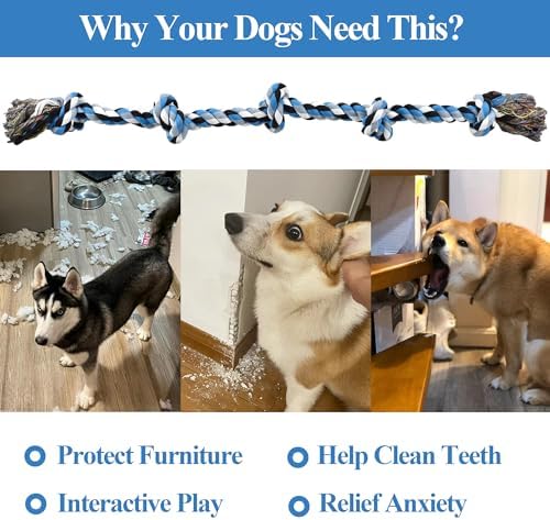 LECHONG Dog Toys for Aggressive Chewers Tough Rope Chew Toys for Large and Medium Dog 3 Feet 5 Knots Indestructible Cotton Rope for Large Breed Dog Tug of War Dog Toy Teeth Cleaning