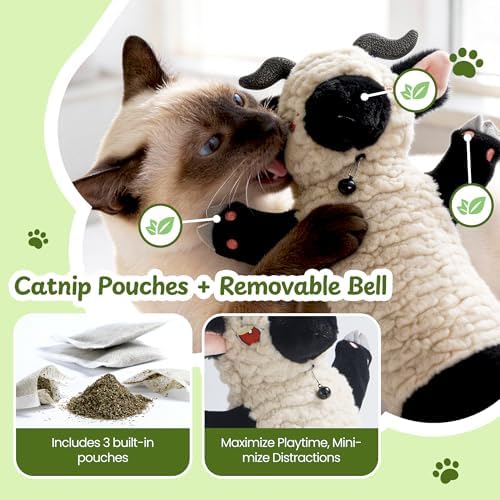 Cat Wrestling Glove, 22 inch Cat Puppet Wrestler with 3 Catnip Pouches & 3 Layer Resistant Protection, Interactive Cat Toy with Removable Bell for Boredom Relief & Mental Stimulation, Sheep