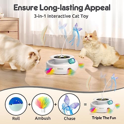 ORSDA Cat Toy, 3-in-1 Automatic Interactive Electronic Moving Ambush Feather, Fluttering Butterfly, Track Balls, USB Rechargeable Powered Smart Indoor Exercise Kicker