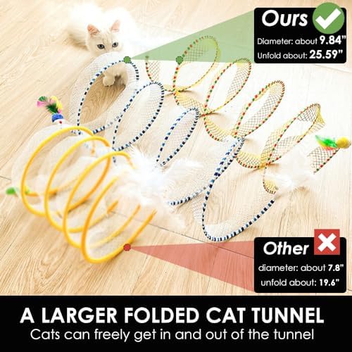 Spiral Tunnel Cat Toy 2 Pcs, 25.59 Inches Unfolded with Cat Wand Self Play Collapsible, Hunting Spiral Tunnel with Feather Mouse Toys and Bell for Indoor Kitten Play Chase Exercise