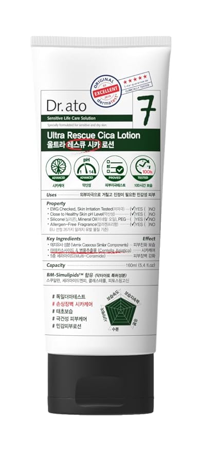 Dr.ato Ultra Rescue Cica Lotion for Body & Face Korean Skincare (5.4 Fl Oz)