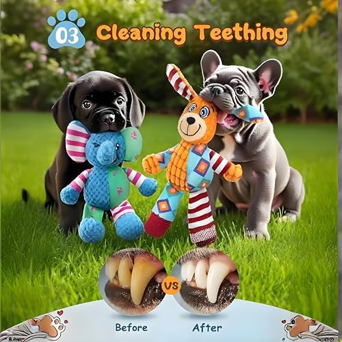 Squeaky Dog Plush Toys 2 Pack, Cute Elephant & Rabbit Stuffed Puppy Chew Toy with Crinkle Paper, Durable Textured Soft Dog Toys for Small Medium, Interactive Teething Pet Toys