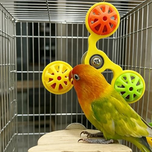 Spinning Bird-Toys Bird Cage Toys & Bird Perch Parrot-Parakeet Budgie Cockatiel Conure Macaw Chicken Parrot Enrichment Cage Accessories Small Animal Chewing Toy (Yellow Spinner Bell)