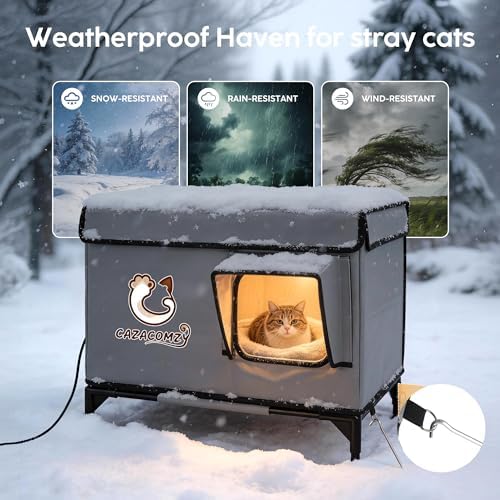 Outdoor Insulated Cat House with Heated Pad 24" x 20" x 15" Grey
