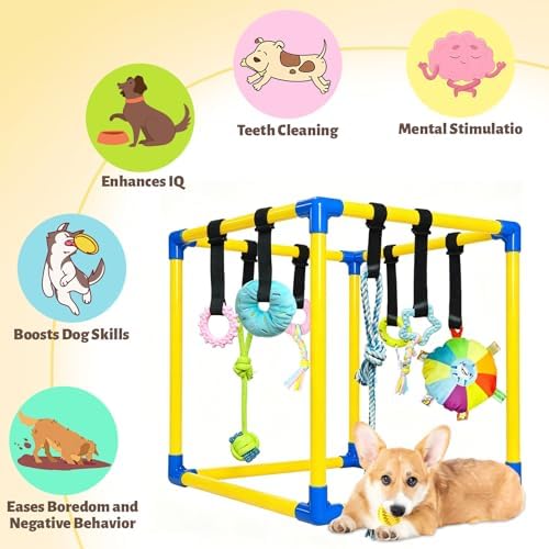 Puppy Play Gym with 9 Hanging Toys for Small Dogs, PVC Frame with Bungee Straps, Interactive Indoor Jungle Playground for Entertainment, Teething and Mental Stimulation（Yellow）