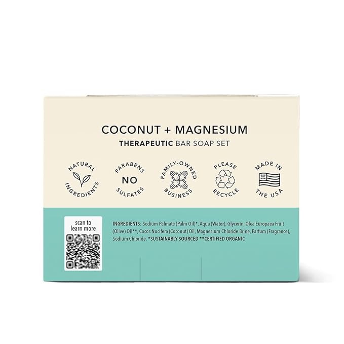 Coconut Magnesium Organic Bar Soap - Natural Moisturizing Body Soap for Sensitive Skin - Triple Milled Soap with Coconut Oil - Plastic Free 3 Pack
