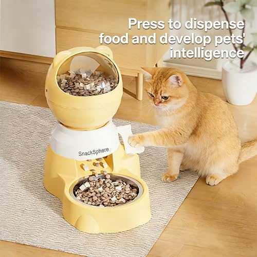 Automatic Food Dispenser Gravity Feeder & Push Button Pet Feeder, Treat Dispenser with Button for Slow Feeder, 1.5L Capacity, Two Ways to Use (Yellow)