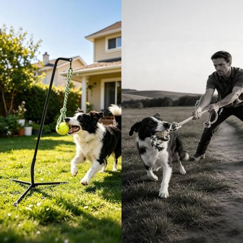 PAWISE Tether Tug Dog Toy for Yard with 2 Accessories (Tug Rope & Ball), Outdoor Spring Pole Adjustable Height 28.3"-40.6", Self Play Interactive Toy for Small Medium Large Dogs