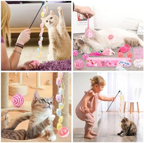 QUOZUO 16Pcs Cat Toy Set Pink Kitten Toys Pack Including Feather Teaser Interactive Wand Cat Springs Mice Crinkle Balls and Pet Bell Balls Toys for Bored Indoor Cats, Gift Box Styles (Pink)