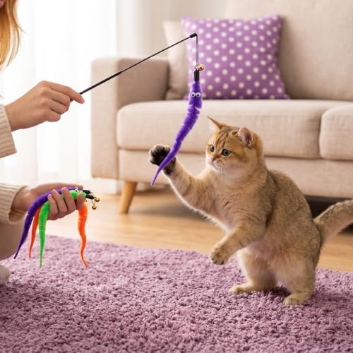 KuuGuu 24 PCS Cat Worm Toy Replacement Teaser with Bell Refills Indoor Cat's Interactive Wand and Catch Wand Soft Squiggly Worm Teaser Refills Attachment Interactive Catch Toy Accessories （6 Color）