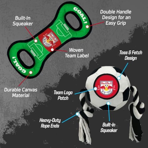 Pets First MLS New York Red Bulls Soccer Field Tug Toy & Soccer Ball Rope Toy Set for Dogs - Officially Licensed Interactive Squeaky Rope Fetch & Chew Toys with Team Logo