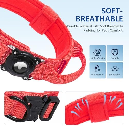 Tactical AirTag Dog Collar Waterproof with QR ID Tag, Military Training Dog Collar with Built-in AirTag Holder, Strong Metal Buckle & Control Handle, GPS Tracking Collar for Medium Dogs (Red, M)