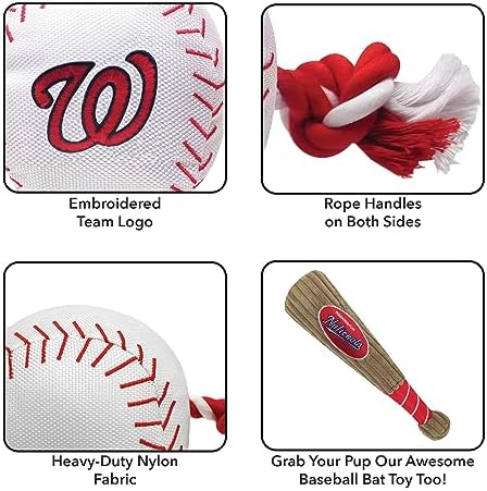 MLB WASHINGTON NATIONALS Baseball Rope Toy for DOGS & CATS. Tough nylon, Sporty Baseball Design, Heavy-duty ropes with Inner SQUEAKER
