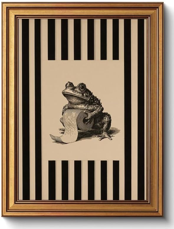 Funny Bathroom Gold Framed Wall Art Vintage Whimsical Frog Wall Decor Art | Black Beige Striped Picture Canvas Art Retro Animal Small Framed Prints Artwork For Vanity Shelf Restroom Toilet Powder Room