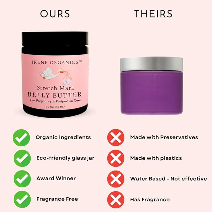 Irene Organics Organic Belly Butter for Pregnancy Stretch Mark Prevention and Treatment Award Winning Anti Stretch Mark Tummy Balm For Pregnancy and Postpartum 8oz - Hydrating Bump Cream