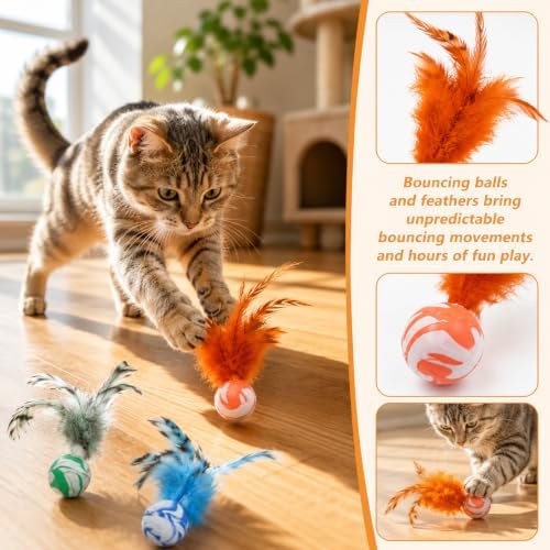 5 Pcs Feather Cat Toy, Cat Toy Balls with Natural Feathers, Feather Chase & Fetch Balls for Indoor Cats, Bouncy Cat Feather Ball Toys, Interactive Silicone Bouncing Balls for Active Kittens, Adult Cat