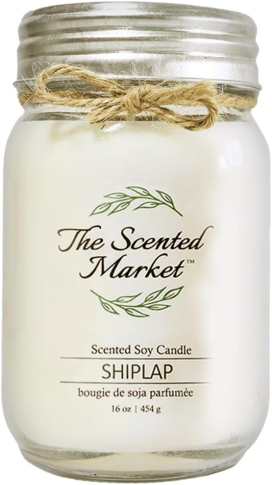 The Scented Market Aromatherapy Soy Wax Candle Shiplap 16 oz Mason Jar, Over 100 Hours of Burn Time, Ideal for Your Home and Gift Giving.