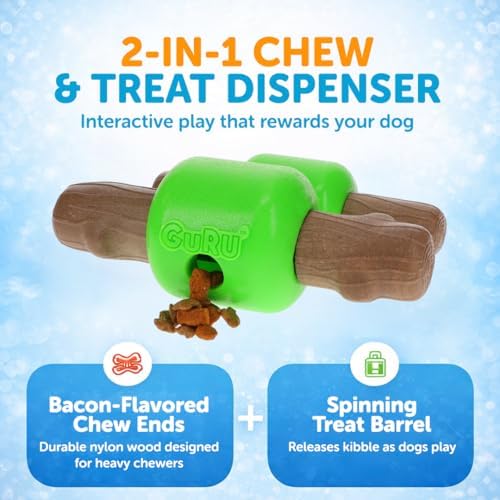 GURU Large Spin & Treat Stick Toy- Interactive Dog Toy with Spinning Treat Dispenser- Durable Dog Stick Toy with Bacon-Flavored Ends for Safe Chewing & Dental Fun-Dog Treat Toys Keep Dogs Busy & Happy