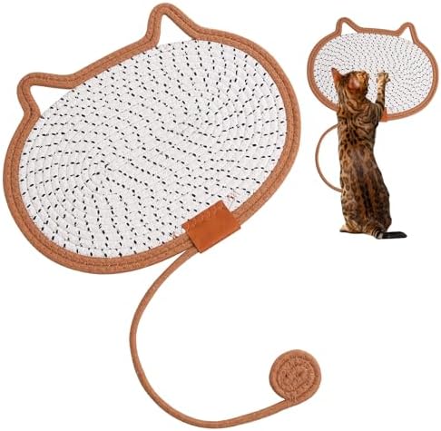 Cat Scratcher Mat Natural Cotton Rope Oval Horizontal Floor Cat Scratch Bed Pad with Ball Toy Protector for Furniture Floor Wall (Brown, 1 PC)