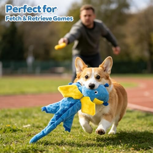 Multi-Squeaker Plush Dinosaur Dog Toy, 6 Squeakers and Crinkle Texture, Soft Interactive Toy for Fetch, Carrying and Cuddling, Blue, Medium