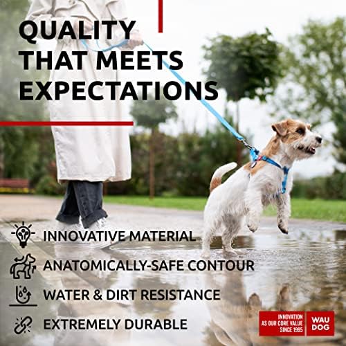 WAUDOG Waterproof Dog Harness - Adjustable, Heavy Duty with Durable Metal Clasp & QR Dog Tag - Modern Style for Medium Dogs - Blue, Size S: 16-22"