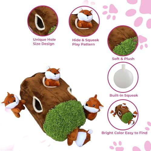 Fox in Tree Hide and Seek Dog Toy for Small and Medium Size Dogs, Plush Fox Inside Trunk Dog Toy with Squeaker, Interactive Burrow Toy (Tree with Fox, Medium)