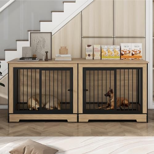 Double XL Dog Crate Furniture, Natural Wooden pet Kennel Cabinet with 4 Doors, Dog cage Furniture and Wood tv Stand with Dog Storage (75inch Natural)