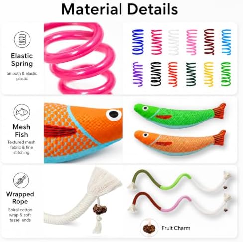 Cat Toys for Indoor Cats, 12-Color Springs, Plush Fish & Chew Rope Toys