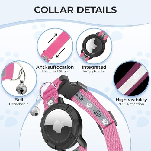 Breakaway AirTag Cat Collar, Reflective Cat Tracker Collar with Bell | Built in AirTag Holder, Adjustable 8.5-12in for Cats, Kittens and Puppies, Safety Elastic Band, Reflective for Night Walking