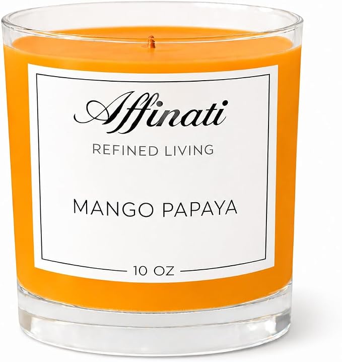 Mango Papaya Affinati 10 oz Scented Candle for Home – Long Lasting Fruity Soy Blend Candle with Wooden Wick, Strong Scent Throw Glass Jar Candles, Premium Clean Burning Aromatherapy Gifts
