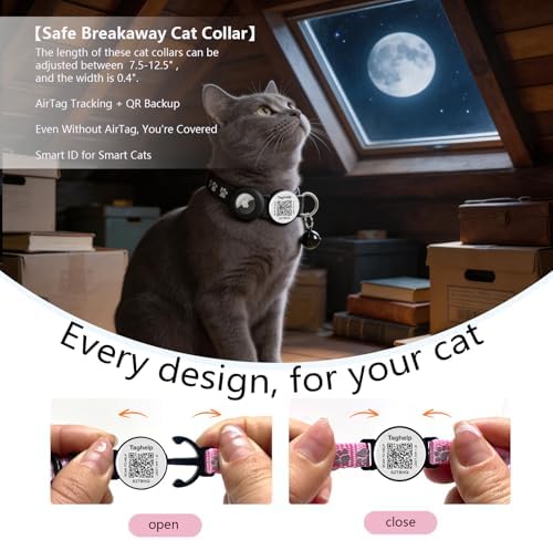 QR Code AirTag Cat Collar Breakaway Reflective with Bell - Digital Pet ID Tag for Lost Cat Recovery, Black Paw Print Design