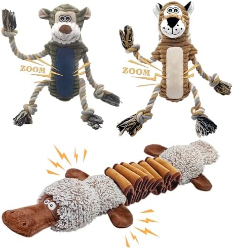 BUYPOW Dog Toys for Large Dog - Plush Squeaky Medium & Small Dog Toys (3pack Monkey & Patypus)
