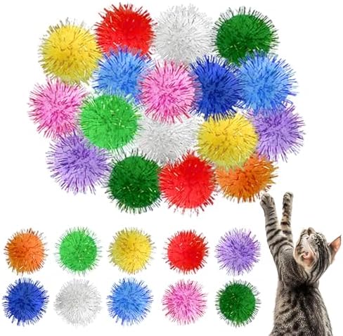80 Pcs Sparkle Pom Pom Balls 1.5 Inch Cat Toy Chase Ball Interactive Glitter Tinsel Ball for Kitten Cat Favorite Gift Assorted Color