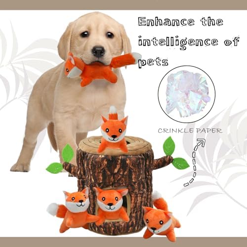 Hide and Seek Dog Toys Squeaky Fox Plush Toy with Crinkle Trunk, Interactive Dog Toy to Keep Them Busy Pet Teeth Clean Chew Toys for Small & Medium Dogs (Tree Trunk Hideout with 4 Fox)