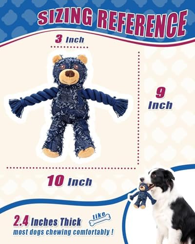 Ragged Bear Dog Toys for Aggressive Chewers, Indestructible Dog Toys with Tough Rope Core, Resistant Squeak Pet Toy for Boredom and Teething, Suitable for All Breed