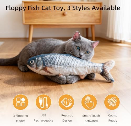 Flopping Fish Cat Toy, Interactive Moving Plush Cat Kicker Toy with Catnip Pocket, USB Rechargeable Automatic Wiggle Carp Toy for Indoor Kitten & Small Dogs, Single Carp（11.81Inch）