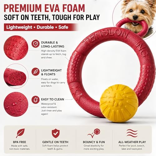 Floating Ring & Ball Combo Set, 2 Pack EVA Water Fetch Toys for Dogs, Durable Chew Tug Toy for Small Medium Large Dogs, Pool Beach Interactive Play (Red, Small)