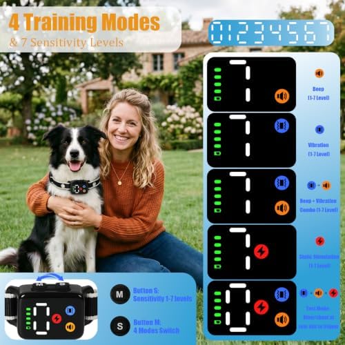 Bark Collar with Dual Sensor - IPX6 Waterproof Rechargeable Dog Training Collar, 4 Humane Modes & 7 Sensitivity Levels, No False Triggers Anti Barking Collar for Small Medium Large Dogs