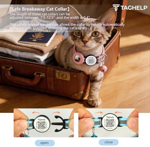 Reflective AirTag Cat Collar, TAGHELP Integrated Air Tag Cat Collar for Apple with AirTag Holder and Bell, Tracker Cat Collars for Girl Boy Cats, Kittens and Puppies (Pink)