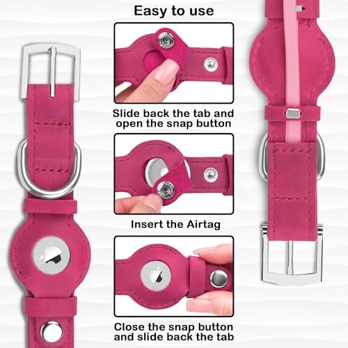 Leather Dog Collar with Airtag Holder - Apple Air Tag Dog Collars - Soft Tracking GPS Pet Collar for Small Medium Large Dogs Breed Puppy (Pink, S, 9"-12" Neck Fit)