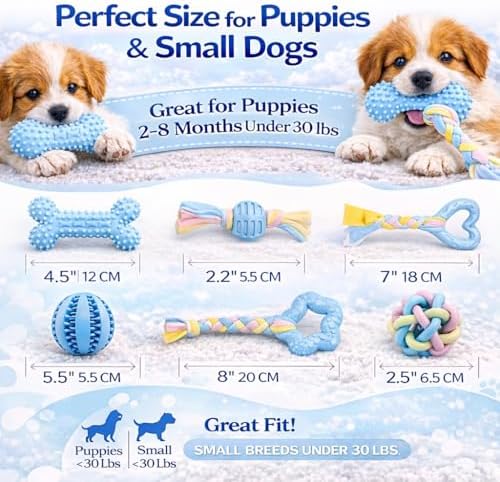 Puppy Chew Toys, 6 Pack Puppy Teething Toys for Small Breed, Soft Rubber Cute Blue Dog Toys, Eco-Friendly, Teeth Cleaning Interactive Tiny Puppy Toys for Small Dog (Basket not Included)